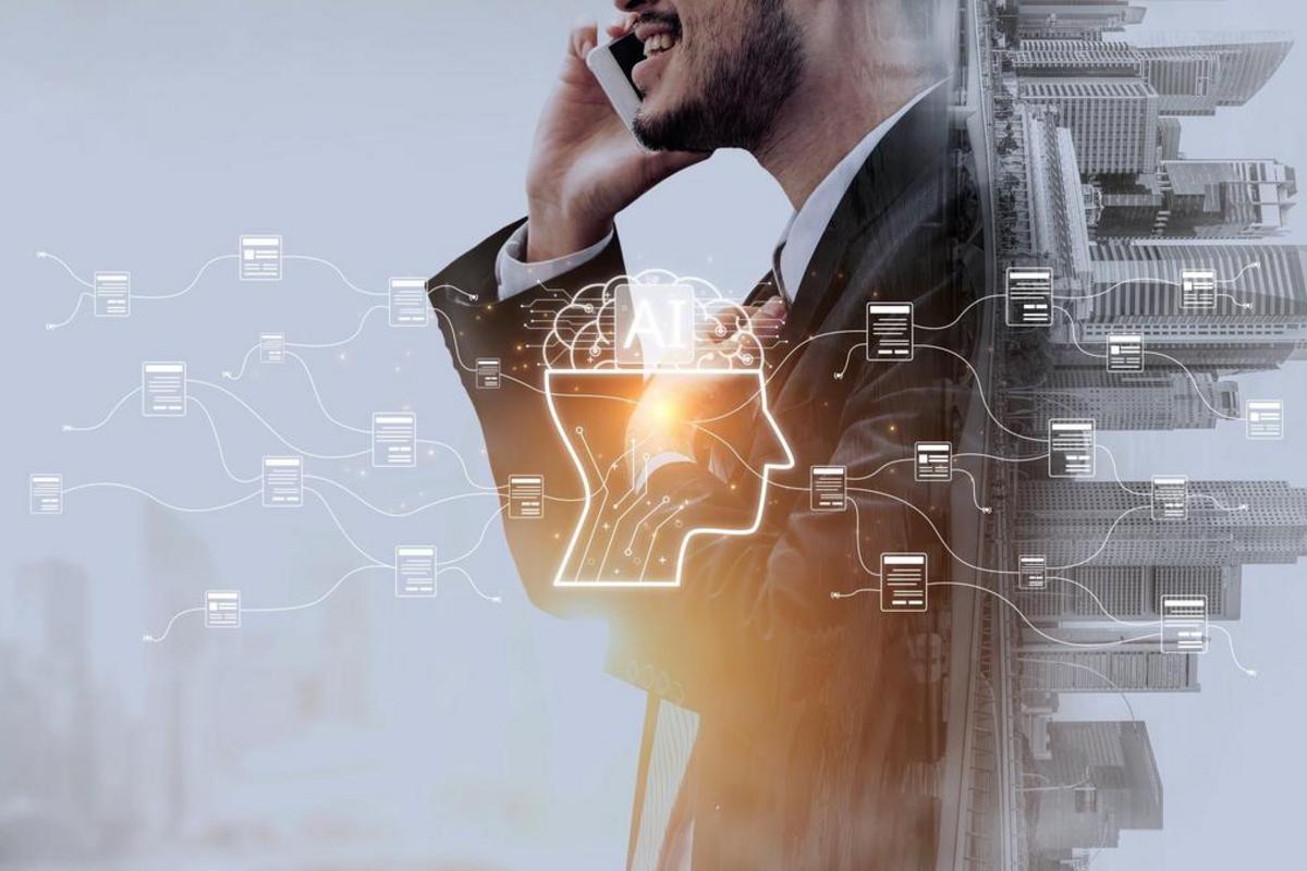 Business professional on a phone call with an AI network graphic overlaying the scene